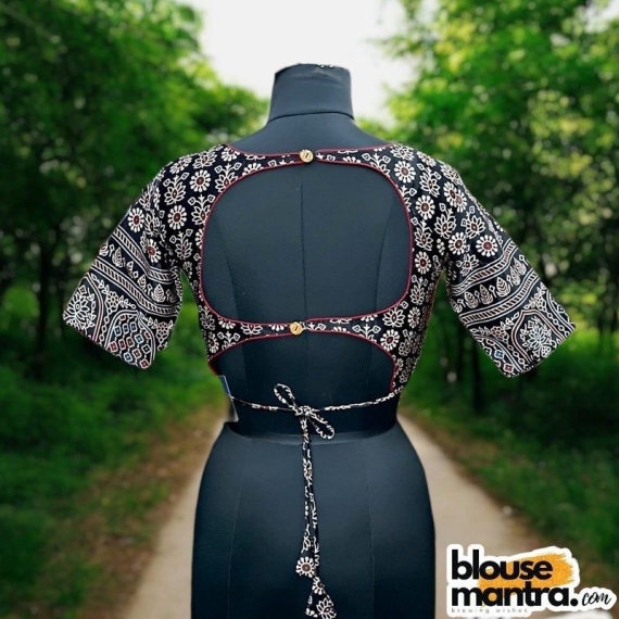  Black Modal Ajrakh | Front Sabyasachi Neckline | Back Round Cut With Latkan Glass Sleeve