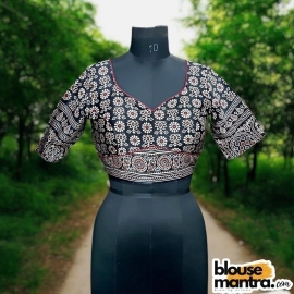  Black Modal Ajrakh | Front Sabyasachi Neckline | Back Round Cut With Latkan Glass Sleeve