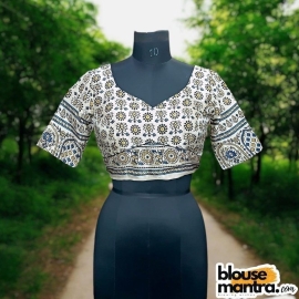 White Modal Ajrakh | Front Sabyasachi Neckline | Back Round Cut With Latkan Glass Sleeve