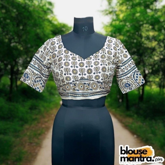 White Modal Ajrakh | Front Sabyasachi Neckline | Back Round Cut With Latkan Glass Sleeve