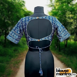  Blue Modal Ajrakh| Front Sabyasachi Neckline | Back Round Cut With Latkan Glass Sleeve