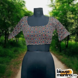  Black Blue Red Modal Ajrakh|Square Print | Front Square Neck | Back U Neck Glass Sleeve