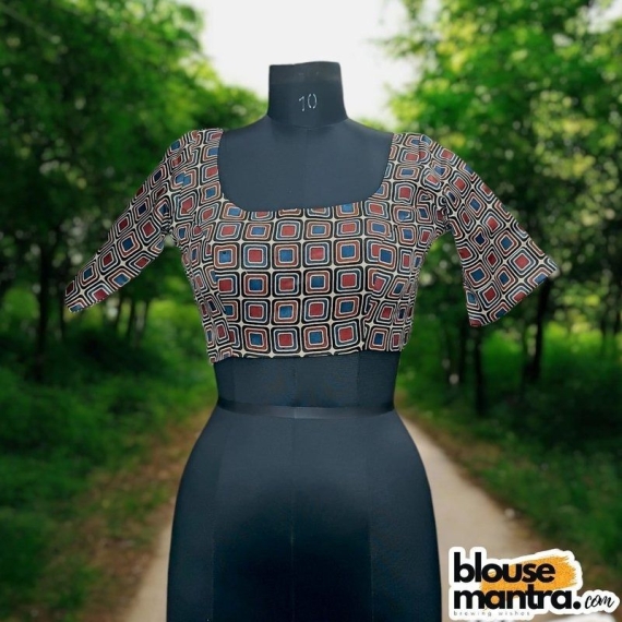 Black Blue Red Modal Ajrakh|Square Print | Front Square Neck | Back U Neck Glass Sleeve