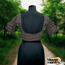  Black Blue Red Modal Ajrakh|Square Print | Front Square Neck | Back U Neck Glass Sleeve