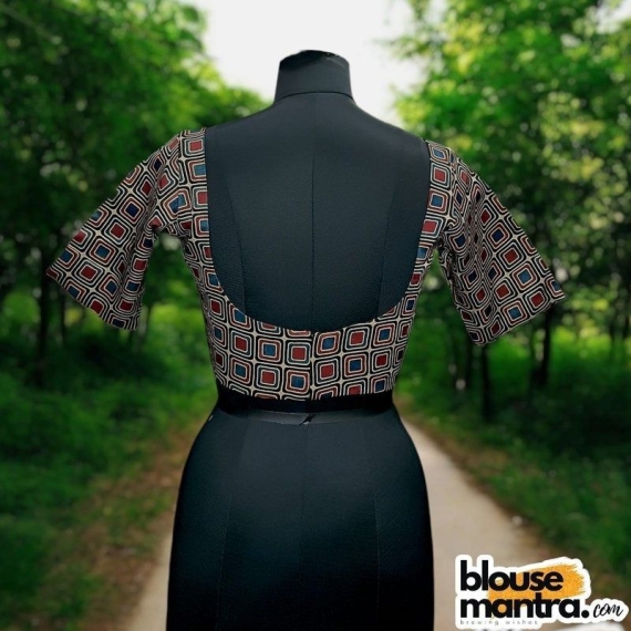  Black Blue Red Modal Ajrakh|Square Print | Front Square Neck | Back U Neck Glass Sleeve