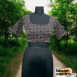  Blue ,Black , Red , Modal Ajrakh |Square Print | Front Square Neck | Back U Neck Glass Sleeve