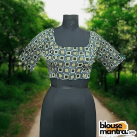  Blue, lIme Gr , Black Modal Ajrakh |Square Print | Front Square Neck | Back U Neck Glass Sleeve