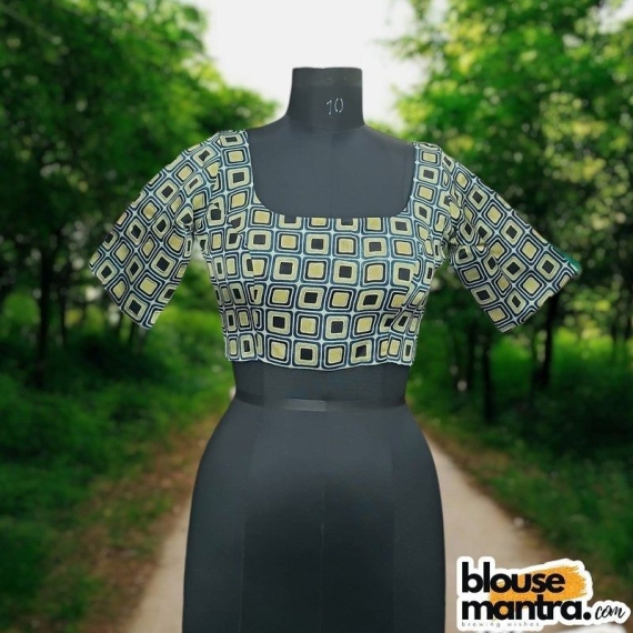  Blue, lIme Gr , Black Modal Ajrakh |Square Print | Front Square Neck | Back U Neck Glass Sleeve