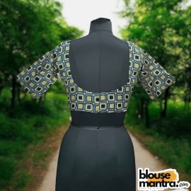  Blue, lIme Gr , Black Modal Ajrakh |Square Print | Front Square Neck | Back U Neck Glass Sleeve