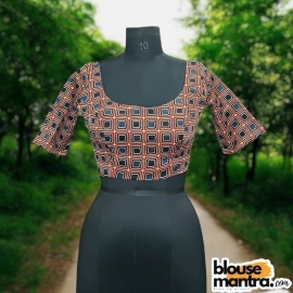 Red , Blue , Black Modal Ajrakh |Square Print | Front Square Neck | Back U Neck Glass Sleeve