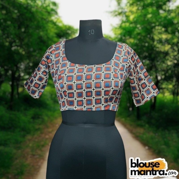 White , Red , Blue Modal Ajrakh |Square Print | Front Square Neck | Back U Neck Glass Sleeve