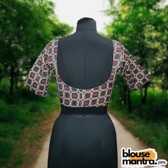 White , Red , Blue Modal Ajrakh |Square Print | Front Square Neck | Back U Neck Glass Sleeve