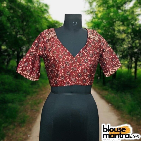 Deep Rust Modal Ajrakh | Shirt Coller | Front V Neck Glass Sleeve