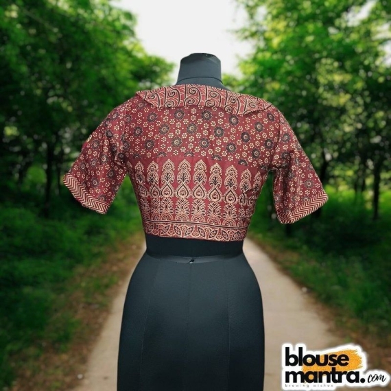 Deep Rust Modal Ajrakh | Shirt Coller | Front V Neck Glass Sleeve