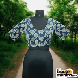  Blue Lime Gr Modal Ajrakh | Leaf Print |Front Neck Rectangular Cut | Back Boat Neck Glass Sleeve