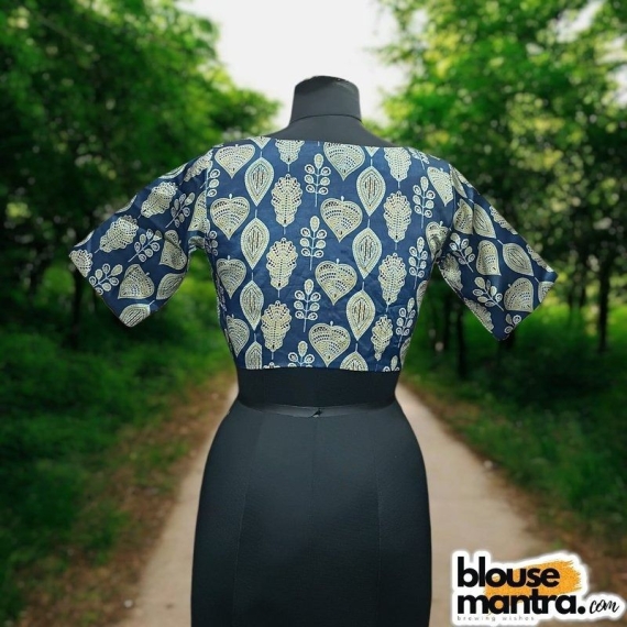  Blue Lime Gr Modal Ajrakh | Leaf Print |Front Neck Rectangular Cut | Back Boat Neck Glass Sleeve