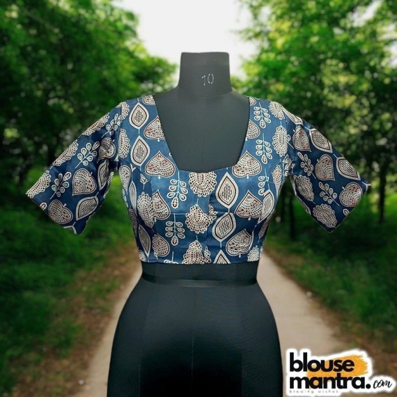 Blue Red Modal Ajrakh | Leaf Print |Front Neck Rectangular Cut | Back Boat Neck Glass Sleeve