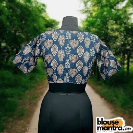 Blue Red Modal Ajrakh | Leaf Print |Front Neck Rectangular Cut | Back Boat Neck Glass Sleeve