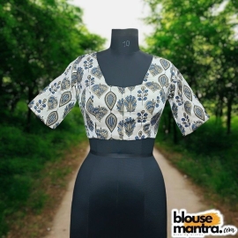 White Modal Ajrakh | Leaf Print |Front Neck Rectangular Cut | Back Boat Neck Glass Sleeve