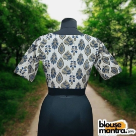 White Modal Ajrakh | Leaf Print |Front Neck Rectangular Cut | Back Boat Neck Glass Sleeve