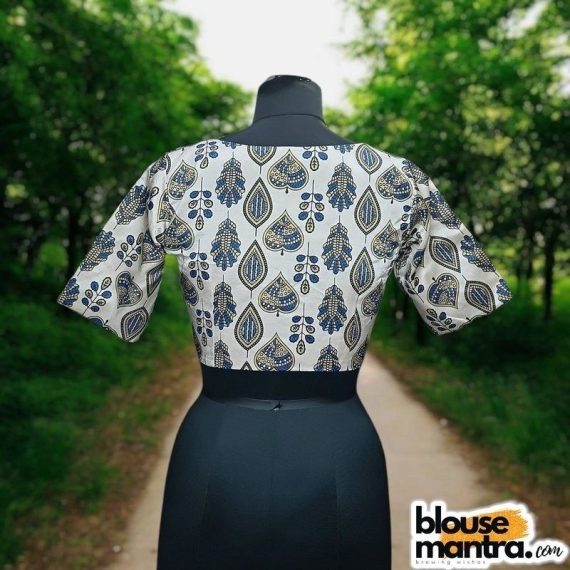 White Modal Ajrakh | Leaf Print |Front Neck Rectangular Cut | Back Boat Neck Glass Sleeve