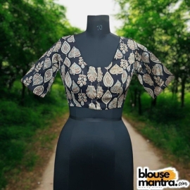 Black Modal Ajrakh | Leaf Print |Front Neck Rectangular Cut | Back Boat Neck Glass Sleeve