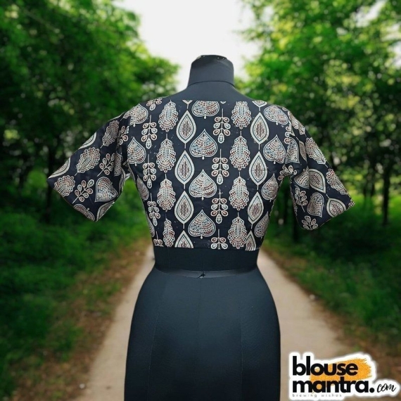 Black Modal Ajrakh | Leaf Print |Front Neck Rectangular Cut | Back Boat Neck Glass Sleeve
