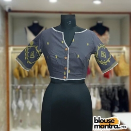 Dark Grey Jamdani | Thin lace all over The Blouse | Front Small V Cut Glass Sleeve