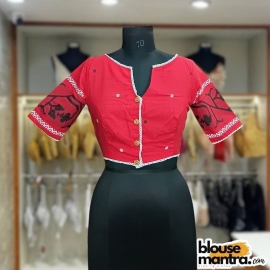 Red Jamdani | Thin lace all over The Blouse | Front Small V Cut Glass Sleeve