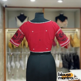Red Jamdani | Thin lace all over The Blouse | Front Small V Cut Glass Sleeve