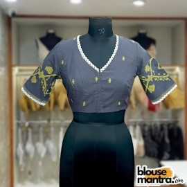 Dark Grey Jamdani | Front V neck | Back Boat Neck Glass Sleeve