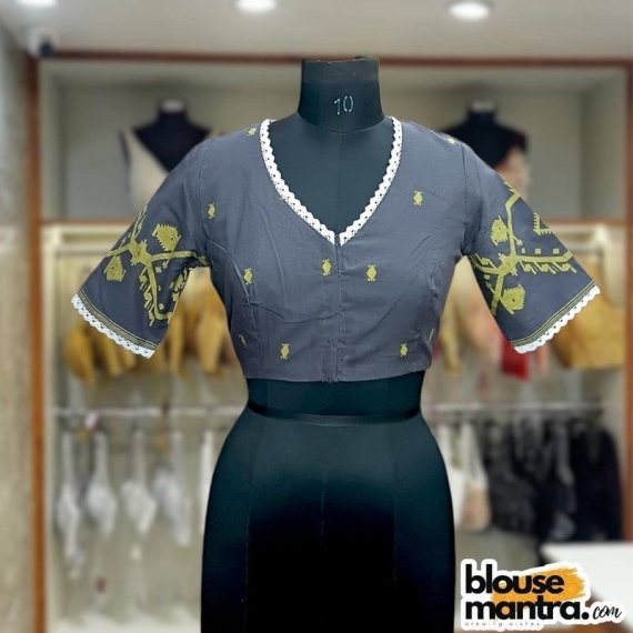 Dark Grey Jamdani | Front V neck | Back Boat Neck Glass Sleeve