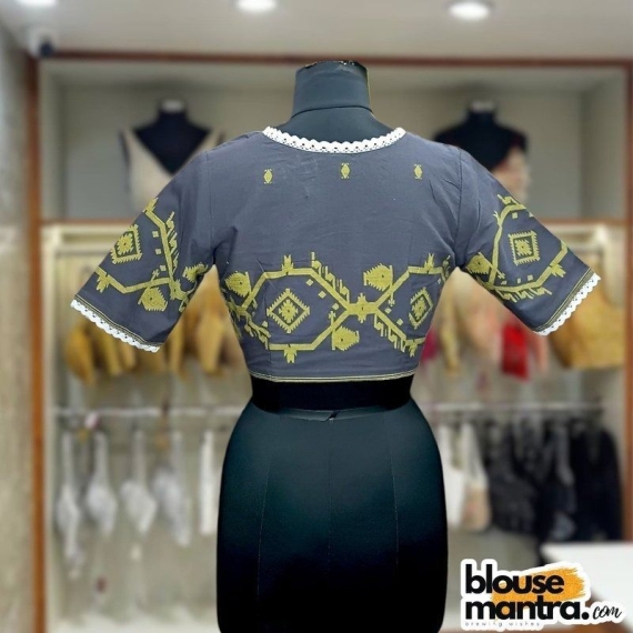 Dark Grey Jamdani | Front V neck | Back Boat Neck Glass Sleeve