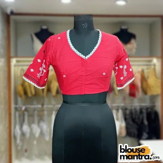 Red Jamdani | Front V neck | Back Boat Neck Glass Sleeve