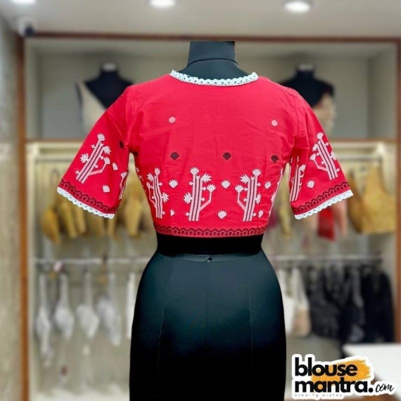 Red Jamdani | Front V neck | Back Boat Neck Glass Sleeve