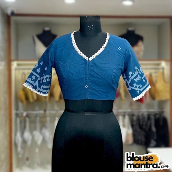 Firoza Blue Jamdani | Front V neck | Back Boat Neck Glass Sleeve