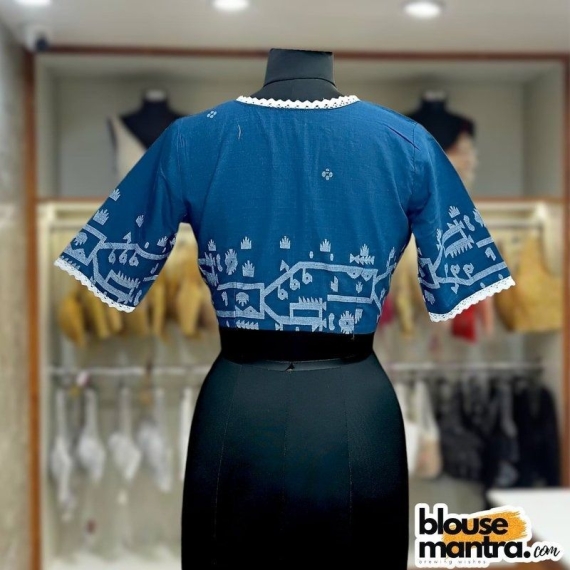 Firoza Blue Jamdani | Front V neck | Back Boat Neck Glass Sleeve