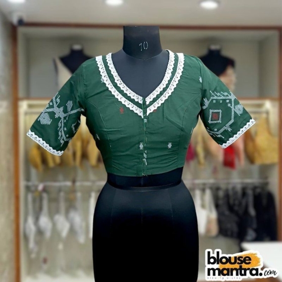  Bottle Green Jamdani | Double Lace | V Neck Glass Sleeve