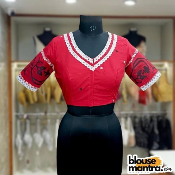 Red Jamdani | Double Lace | V Neck Glass Sleeve