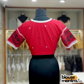 Red Jamdani | Double Lace | V Neck Glass Sleeve