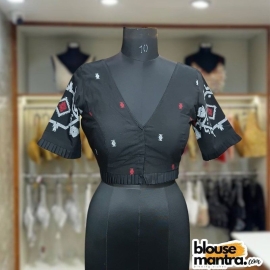 Black Jamdani | V Neck | Frills On Sleeve & Waist Glass Sleeve