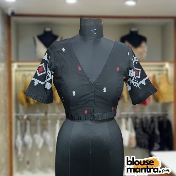 Black Jamdani | V Neck | Frills On Sleeve & Waist Glass Sleeve