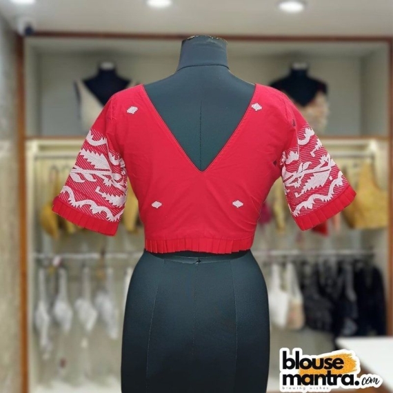 Red Jamdani | V Neck | Frills On Sleeve & Waist Glass Sleeve