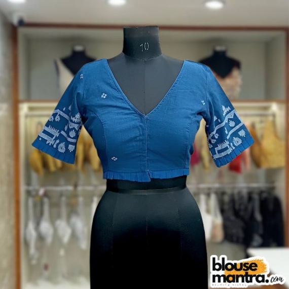  Firoza Blue Jamdani | V Neck | Frills On Sleeve & Waist Glass Sleeve