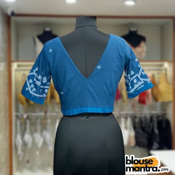  Firoza Blue Jamdani | V Neck | Frills On Sleeve & Waist Glass Sleeve