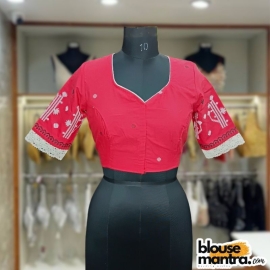 Red Jamdani | Sabyasachi Neckline | Thick Designer Lace on Sleeve Glass Sleeve