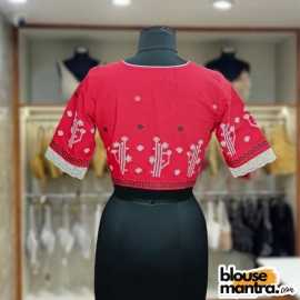 Red Jamdani | Sabyasachi Neckline | Thick Designer Lace on Sleeve Glass Sleeve