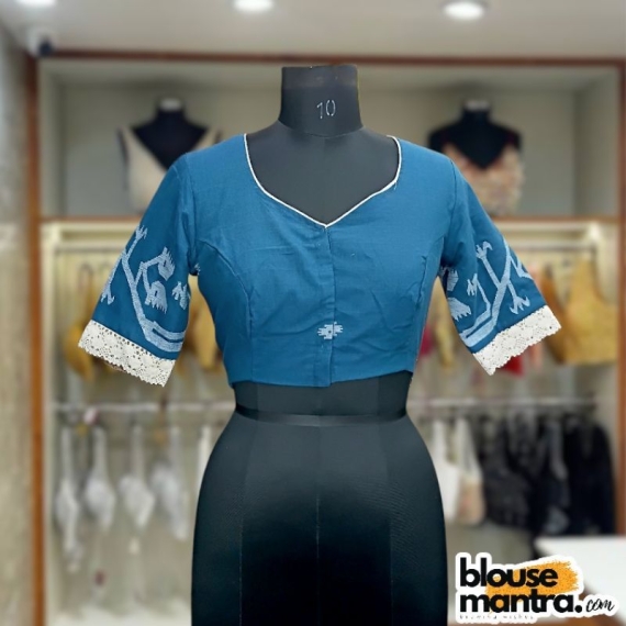 Firoza Blue Jamdani | Sabyasachi Neckline | Thick Designer Lace on Sleeve Glass Sleeve