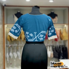 Firoza Blue Jamdani | Sabyasachi Neckline | Thick Designer Lace on Sleeve Glass Sleeve