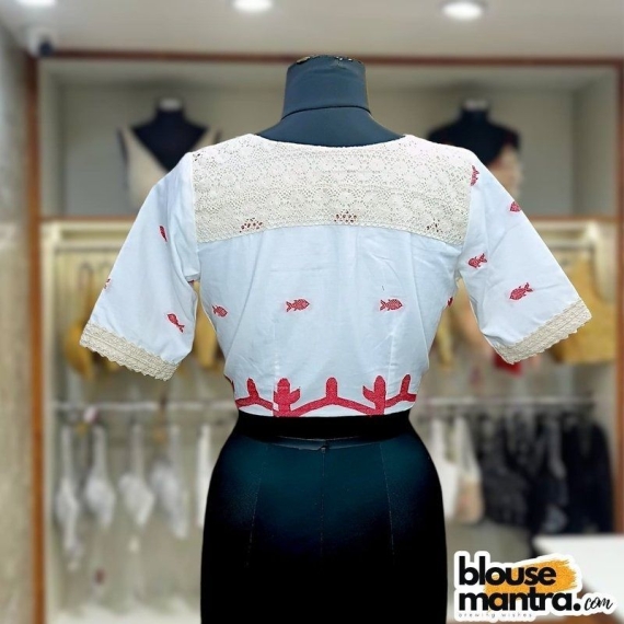 White Jamdani | Off white small Lace on Front & Sleeve | Thick designer lace on back Glass Sleeve